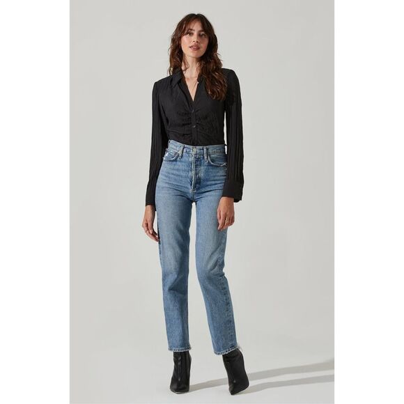 ASTR The Label Women's Black Textured Ruched Button Up Top Size XS NWT - Picture 1 of 8